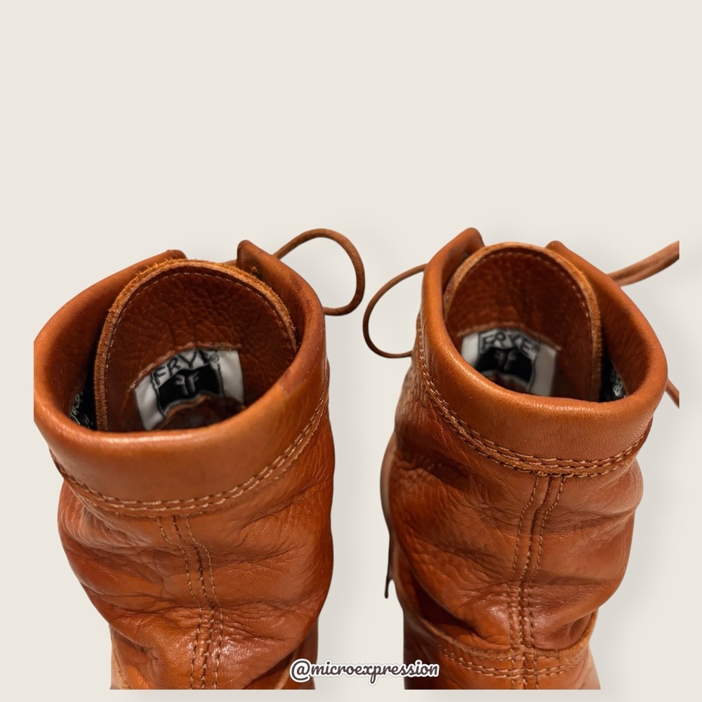 Frye Erin Lug Work Lace Up Combat Cognac Brown Leather Winter Fall Ankle Boot - Picture 13 of 15